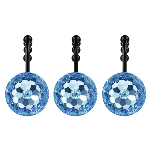 Sunlit Luxury Design Round Blue Diamond Crystal Gem Bling with Glide Balls Shower Curtain Hooks, Rust Proof Metal Rhinestones Glam Shower Curtain Rings with Black Hooks, Set of 12 - color: Blue With Black Hooks