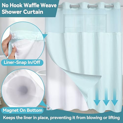 Conbo Mio No Hook Waffle Weave Shower Curtain with Snap in Liner Set, Hotel Luxury Blue Shower Curtains for Bathroom with See Through Top Window, Waterproof, Washable 71W x 74H - color: Waffle-blue, size: 71"W x 74"L (Pack of 1)