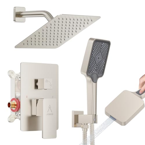 Shower System Modern Rain 8 inches Brass Faucet Set With Valve and Diverter Shower Mixer With Handheld High Pressure Square Rainfall Shower Valve (8'' Wall Mount, Brushed Nickel) - color: Brushed Nickel, style: 8'' Wall Mount