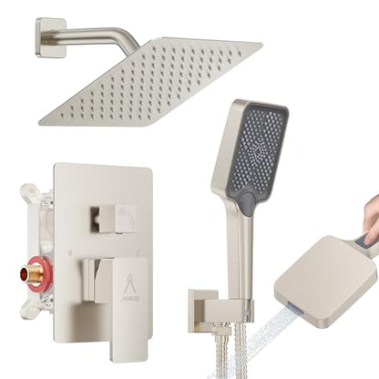 Shower System Modern Rain 8 inches Brass Faucet Set With Valve and Diverter Shower Mixer With Handheld High Pressure Square Rainfall Shower Valve (8'' Wall Mount, Brushed Nickel) - color: Brushed Nickel, style: 8'' Wall Mount