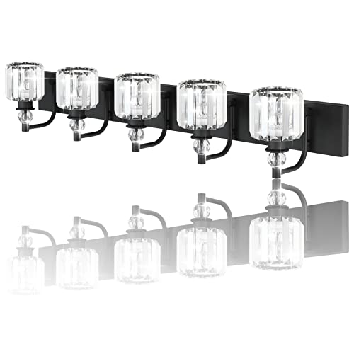 Ralbay Crystal Black Vanity Light Fixtures 5 Light Crystal Bathroom Light Fixtures Over Long Mirror Modern Matte Black Bath Wall Lights - color: Black, size: 40 inch