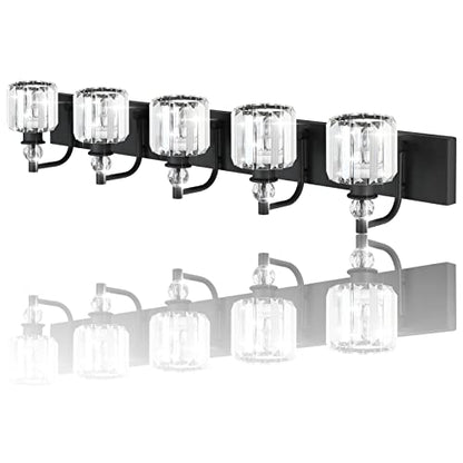 Ralbay Crystal Black Vanity Light Fixtures 5 Light Crystal Bathroom Light Fixtures Over Long Mirror Modern Matte Black Bath Wall Lights - color: Black, size: 40 inch