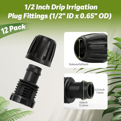 12 Pack 1/2 Inch Drip Irrigation End Plug Fittings (1/2" ID x 0.6-0.65" OD), 1/2'' Dripline Barbed End Cap Connectors with Anti-Drop Lock Nuts for Garden Lawn Irrigation System Connection - size: 1/2" Nut Plug-12P