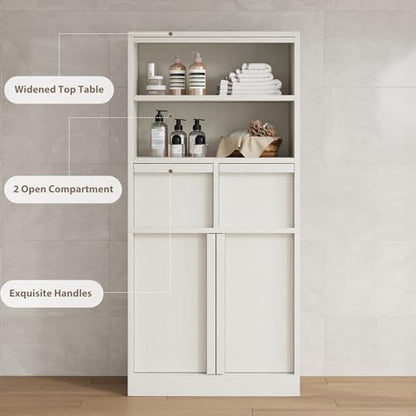 Garvee Tall Bathroom Cabinet, Floor Storage Cabinet with Doors & 2 Drawers, 51" H Tall Organizer Cabinet Freestanding for Bathroom, Living Room, Kitchen & Pantry (White)