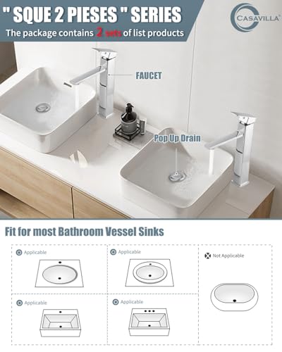 Bathroom Sink Faucet(2 Sets),Single Handle Bathroom Faucets with Pop-up Drain and 2 Supply Hoses,Chrome Single Hole Tall Barrel Vanity Faucet,304 Stainless Steel for Sink - color: 3.Chrome Polished, style: Tall*2