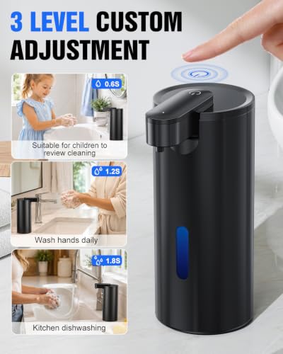 Fantictas Automatic Soap Dispenser, 11.5 oz Stainless Steel Touchless Pump | Touchless Soap Dispenser for Hand or Dish Soap, USB-C Rechargeable with 3 Adjustable Levels, for Kitchen Sink and Bathroom - color: Black, style: Gel