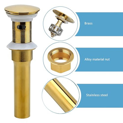 Rockgoya Bathroom Sink Drain, Gold Drain Stopper Bathroom Sink with Overflow,Pop Up Drain Assembly with Detachable Strainer Basket,Built-in Anti-Clogging Strainer,Stainless Steel - color: Gold, style: With Overflow