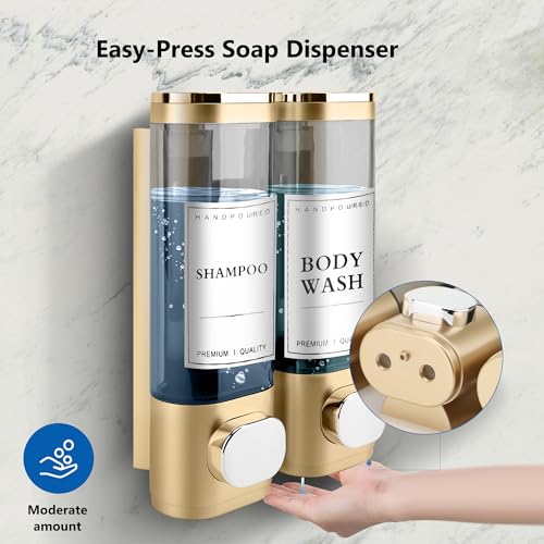 Shampoo and Conditioner Dispenser, 2 Chamber 300ml, Wall Mounted, Gold | Shower Soap Dispenser, Refillable Hand Soap Dispensers, Body Wash Dispenser for Bathroom, Kitchen, Hotel, Home - color: Gold, size: 2 Chamber