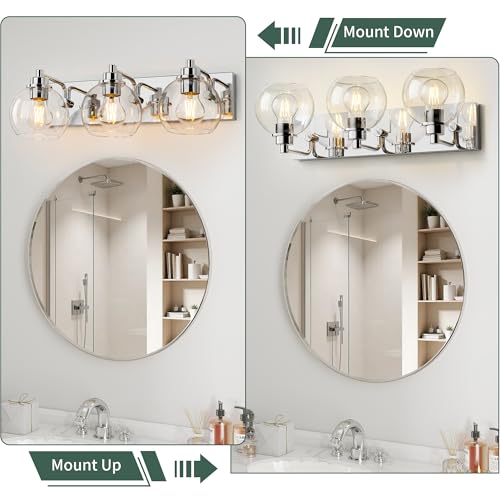 3 Light Bathroom Light Fixtures-Chrome Bathroom Vanity Lights, Modern Vanity Lights 3-Light Bathroom Lighting Fixtures Over Mirror with Clear Glass Globe Shade - color: Polished Chrome, size: 3-Light