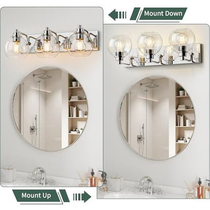 3 Light Bathroom Light Fixtures-Chrome Bathroom Vanity Lights, Modern Vanity Lights 3-Light Bathroom Lighting Fixtures Over Mirror with Clear Glass Globe Shade - color: Polished Chrome, size: 3-Light