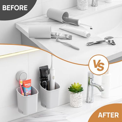 LEVERLOC Powerful Suction Toothbrush Holder 2 Pack, Removable Drill-Free Wall Shower Holder for Toothbrush, Toothpaste, Razor, Self-draining Suction Cup in Shower, Kitchen Tableware Organizer, Gray - color: 2 Holders, Gray