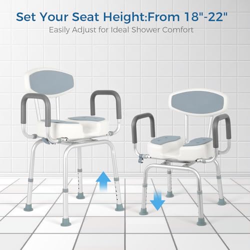 FAHKNS Senior Bathing Chair Swivel Shower Chair with Arms and Back, 400 lbs Heavy Duty U-Shape Seat for Inside Tub, Height Adjustable Safety Bath Seat for Elderly and Disabled - color: Grey