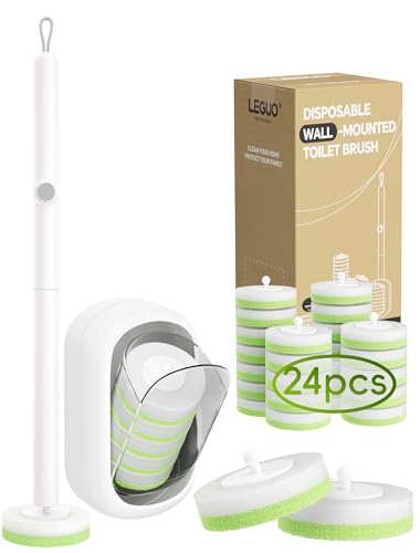 Wall Mounted Disposable Toilet Brush System with Holder, Toilet Bowl Cleaning Wand with Green Refills and One-Button Release, 1 Wand and Holder with 24 Green Refills