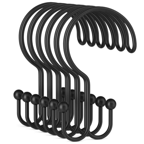 Bathway Black Shower Curtain Hooks Ring, 12 Pcs Double Sided Shower Hooks, Rust Proof Metal Shower Hooks for Bathroom, Anti-Drop Shower Rings for Shower Curtain & Liners - color: Black, style: Double-layer Shower Hooks
