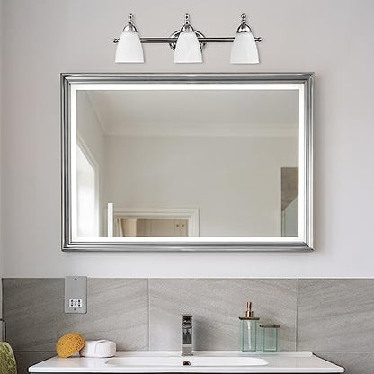 Globe Electric 50783 23" 3-Light Vanity Light, Satin Nickel, Alabaster Glass Shades, Beauty Room Accessories, Bathroom Lights Over Mirror, Makeup Mirror Lights, Wall Light - color: Satin Nickel, Alabaster Glass, 3-Light