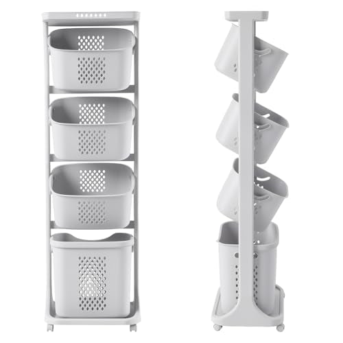 4 Tier Rolling Laundry Sorter Cart, Laundry Hamper with Wheels and Removable Baskets, Narrow Laundry Organizer for Bathroom, Bedroom and Laundry Room, Large Capacity Clothes Storage Cart