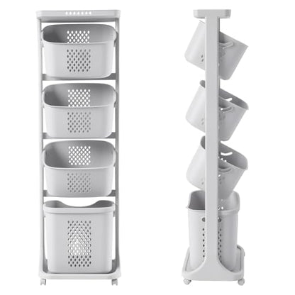 4 Tier Rolling Laundry Sorter Cart, Laundry Hamper with Wheels and Removable Baskets, Narrow Laundry Organizer for Bathroom, Bedroom and Laundry Room, Large Capacity Clothes Storage Cart