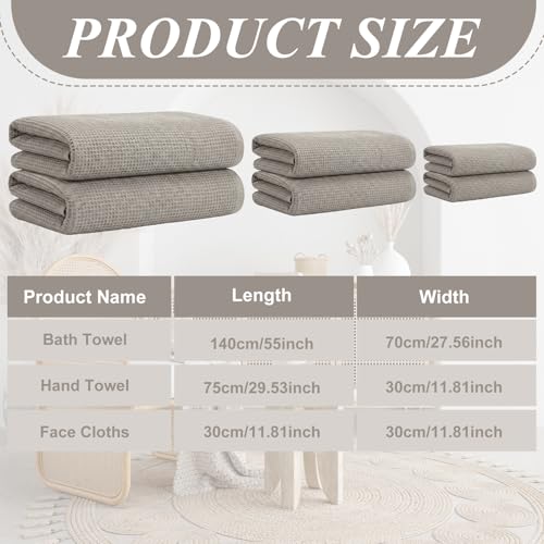 6 Pcs 100% Linen Towel Set 2 Waffle Bath Towels 2 Gray Washcloths 2 Hand Towels Natural Fiber Waffle for Bathroom Thin Pre-Washed Lightweight Quick-Dry Absorbent