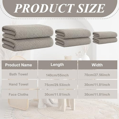 6 Pcs 100% Linen Towel Set 2 Waffle Bath Towels 2 Gray Washcloths 2 Hand Towels Natural Fiber Waffle for Bathroom Thin Pre-Washed Lightweight Quick-Dry Absorbent
