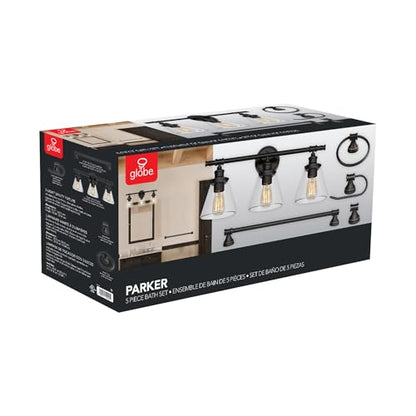 Globe Electric 50192 Parker 5-Piece All-In-One Bathroom Set, Oil Rubbed Bronze, 3-Light Vanity Light with Clear Glass Shades, Towel Bar, Towel Ring, Robe Hook, Toilet Paper Holder, Oil-rubbed Bronze - color: Bronze, Parker