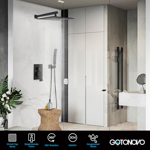 gotonovo Rainfall Bathroom Shower System Rain Shower Head and Handle Set Wall Mounted Shower Complete Combo Solid Brass Pressure Balancing Shower Mixer Valve 16 Inch Matte Black - color: Matte Black, size: 16 Inch