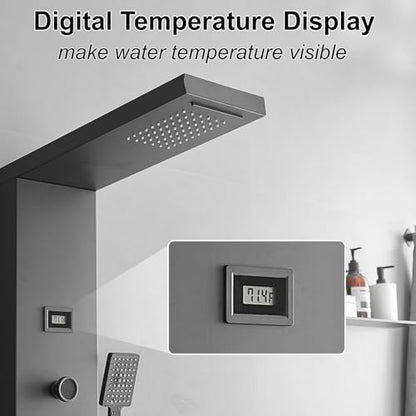 Stainless Steel Shower Panel Tower System 6 IN 1 Massage System | Rainfall Waterfall Shower Head,Two Mode Body Spray Jets,Waterfall Tub Spout,with Temperature Display,Wall Mounted,Matte Black - color: Black