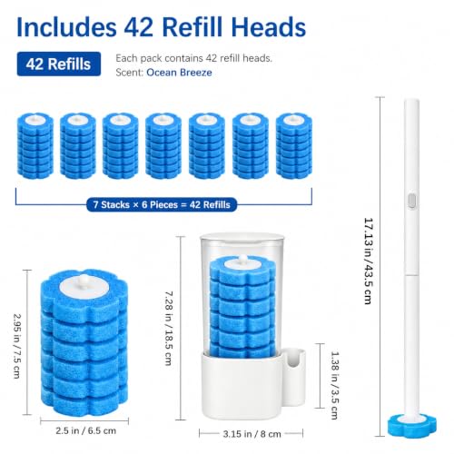 Disposable Toilet Brush with 42 Blue Refills, Toilet Bowl Cleaner Brush with Holder, Wall Mounted Toilet Wand Kit, Deep Cleaning Disposable Scrub Brush Heads