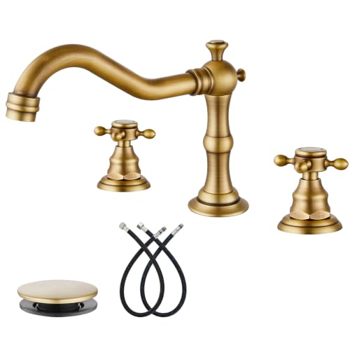 gotonovo 3 Hole 8’’ Widespread Bathroom Sink Faucet Antique Brass | Vintage Bathroom Faucet,2 Cross Handle,6-16’’ Sink,Vanity,Basin,RV,Farmhouse,SUS304,24’’ cUPC Hose Pop Up Drain,Deck Mount - color: Antique Gold
