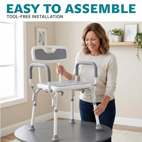 Dr. Aid Shower Chair, 6-Height Adjustable, 400 lbs, Grey Seat Cushion | Height Adjustable, Anti-Slip, Tool-Free Assembly, Arms & Back Support