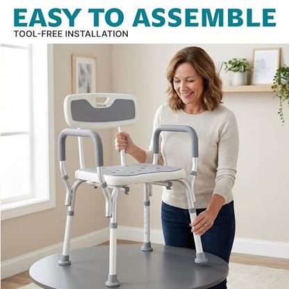 Dr. Aid Shower Chair, 6-Height Adjustable, 400 lbs, Grey Seat Cushion | Height Adjustable, Anti-Slip, Tool-Free Assembly, Arms & Back Support