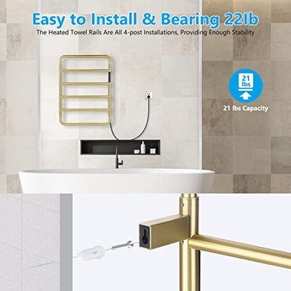 VJASS Heated Towel Rack for Bathroom, 4 Bar Stainless Steel Electric Towel Warmer with Built-in Timer, Dual Hardwired & Plug-in Wall Mounted Installation (Brushed Gold) - color: Brushed Gold