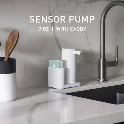 simplehuman Liquid Sensor Pump with Caddy, 9 oz Automatic Soap Dispenser for Kitchen and Bathroom, Touchless Motion Sensor, Variable Dispense, Rechargeable, High-Grade White Steel - color: White, style: 9 Oz. w/ Caddy