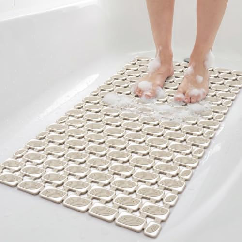 Shower Mat Non Slip Bathtub Mat, Bath Mat for Tub with Strong Suction Cups, Quick Dry Drain Holes, Machine Washable Shower Floor Mat for Elderly & Kids, 27"x16", Khaki - color: Khaki
