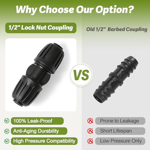 12 Pack 1/2 Inch Drip Irrigation Coupling Fittings (1/2" ID x 0.6-0.65" OD), 1/2'' Dripline Barbed Coupler Connectors with Anti-Drop Lock Nuts for Garden Lawn Irrigation System Connection - size: 1/2" Nut Coupling-12P
