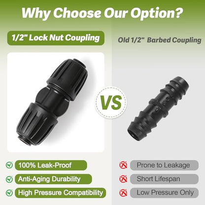 12 Pack 1/2 Inch Drip Irrigation Coupling Fittings (1/2" ID x 0.6-0.65" OD), 1/2'' Dripline Barbed Coupler Connectors with Anti-Drop Lock Nuts for Garden Lawn Irrigation System Connection - size: 1/2" Nut Coupling-12P