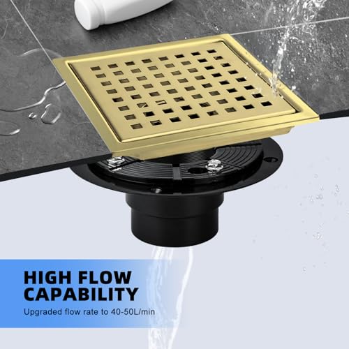 Gold Shower Drain 6 inch with Flange, Square Shower Drain with Removable Grate Cover, SUS 304 Stainless Steel, Brushed Gold - color: Brushed Gold, size: Square surface