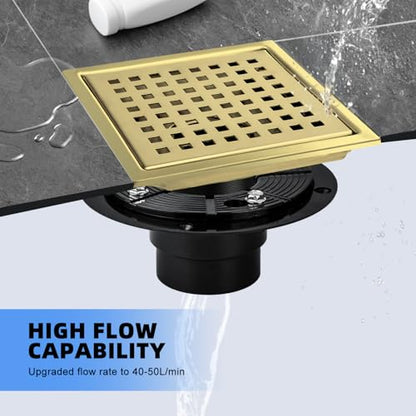 Gold Shower Drain 6 inch with Flange, Square Shower Drain with Removable Grate Cover, SUS 304 Stainless Steel, Brushed Gold - color: Brushed Gold, size: Square surface