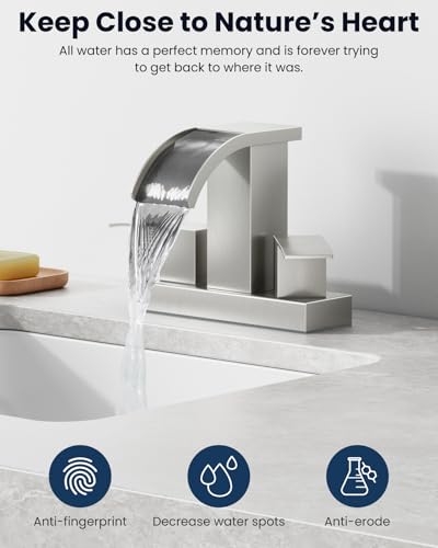 gotonovo Waterfall 4’’ Centerset Bathroom Sink Faucet Brushed Nickel | 2 Handle Bathroom Faucet,SUS304,2 or 3 Hole,2.17’’ Wide Spout,24’’ cUPC Water Line,Pop Up Drain,Vanity,RV,Lavatory Modern Tap - color: Nickel