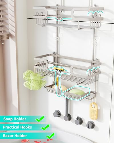 HapiRm Bathroom Hanging Shower Caddy - Rustproof Shower Shelf with 12 Hooks and 2 Soap Holders, No Drilling Bathroom Organizers and Storage - Brushed Nickel - color: Brushed Nickel(Large)