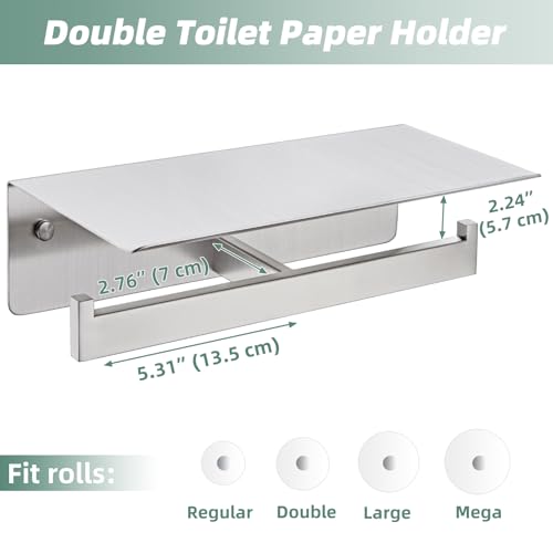 Dual Roll Toilet Paper Holder, Brushed Nickel, 304 Stainless Steel | Multiuse Top Shelf, Air Freshener & Tissue Storage, Space-Saving Wall Design, Home & Office Restroom Use - color: Brushed Nickel, size: Double Rod