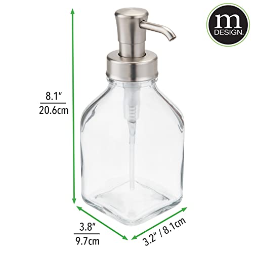 mDesign Square Glass Refillable Liquid Soap Dispenser Pump Bottle for Bathroom Vanity Countertop, Kitchen Sink - Holds Hand Soap, Dish Soap, Hand Sanitizer, Essential Oils - 2 Pack - Clear/Brushed - color: Clear/Brushed