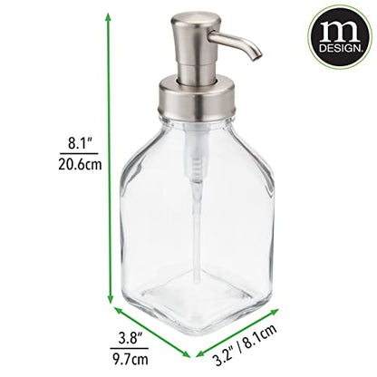 mDesign Square Glass Refillable Liquid Soap Dispenser Pump Bottle for Bathroom Vanity Countertop, Kitchen Sink - Holds Hand Soap, Dish Soap, Hand Sanitizer, Essential Oils - 2 Pack - Clear/Brushed - color: Clear/Brushed