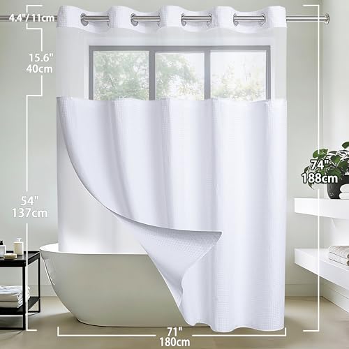 Conbo Mio No Hook Waffle Weave Shower Curtain with Snap in Liner Set, Hotel Luxury White Shower Curtains for Bathroom with See Through Top Window, Waterproof, Washable 71W x 74H - color: Waffle-white, size: 71"W x 74"L (Pack of 1)