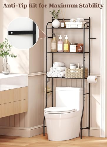 3-Tier Over The Toilet Storage, Bathroom Organizer, Space-Saving, Above Toilet Storage Rack with 4 Hooks and Paper Holder, Metal Shelf, Black - size: 3 Tier-Black