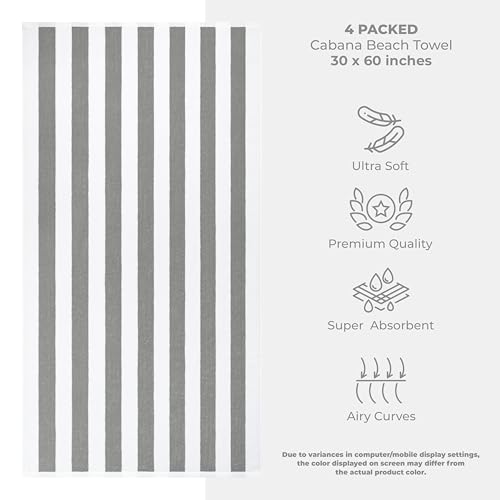 American Soft Linen Cabana Striped Beach Towels, 30x60 inch 4 Piece Oversize Pool Towels, Quick Drying Sand Free Swim Towels, Rockridge Grey - color: Rockridge Grey
