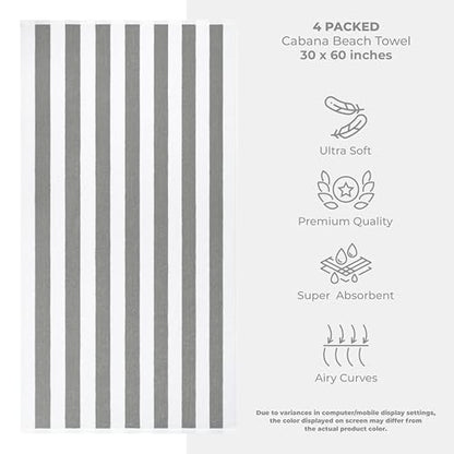 American Soft Linen Cabana Striped Beach Towels, 30x60 inch 4 Piece Oversize Pool Towels, Quick Drying Sand Free Swim Towels, Rockridge Grey - color: Rockridge Grey