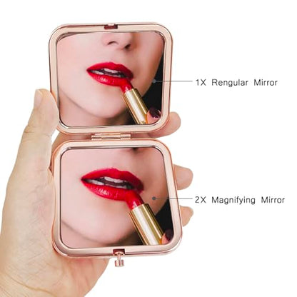 Compact Mirror, Handheld 2.8 inches Travel Makeup Mirror, 1X/2X Magnifying Square Pocket Makeup Mirror Rose Gold Butterfly - color: Rose Gold 11