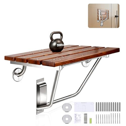 𝙐𝙥𝙜𝙧𝙖𝙙𝙚 24 Inch Teak Folding Shower Seat Wall Mounted, 550 Lbs Capacity Sturdy Shower Bench with 316 Stainless Steel Frame & Finish Caps, Narrow Bathroom Space Saving Teak Wood Shower Chair - size: 24 inch