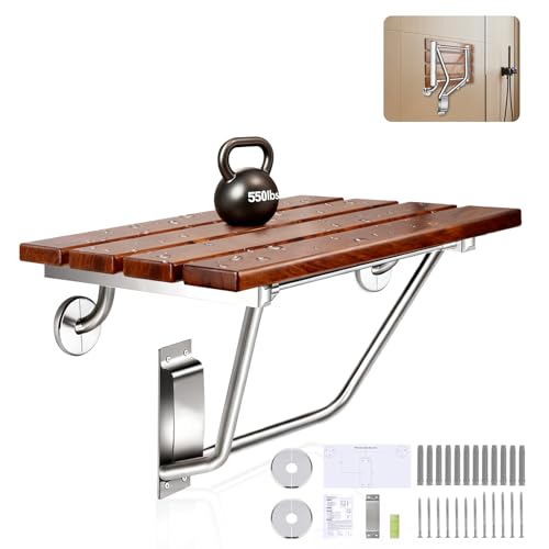 𝙐𝙥𝙜𝙧𝙖𝙙𝙚 24 Inch Teak Folding Shower Seat Wall Mounted, 550 Lbs Capacity Sturdy Shower Bench with 316 Stainless Steel Frame & Finish Caps, Narrow Bathroom Space Saving Teak Wood Shower Chair - size: 24 inch