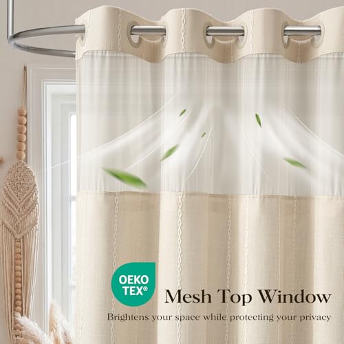 Cream Ringless Boho Stripe Tassel Shower Curtain with Snap Liner 72x75 | Heavy Duty Linen Blend, 3 in 1 Shower Curtain Set, Farmhouse Style, Waterproof & Washable, Mesh Top Window, Easy to Install - color: A - Cream, size: 72"W x 75"L (Pack of 1)